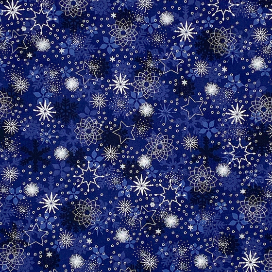 Coupon Stof Fabrics Bleu nuit "Etoiles et Flocons argentés"