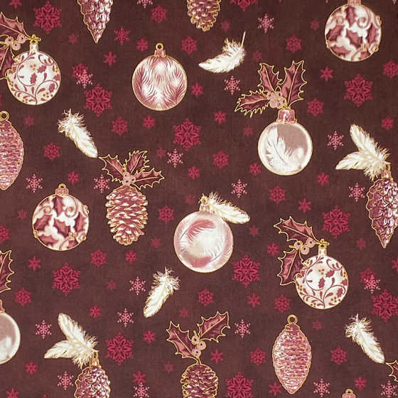 Coupon Stof Fabrics Bordeaux "Boules de Noël et pommes de Pin"